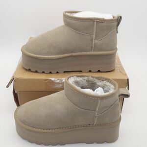 NEW Project Cloud Huggy Women's 6 Platform Suede Ankle Boots Taupe Brown Faux Fu